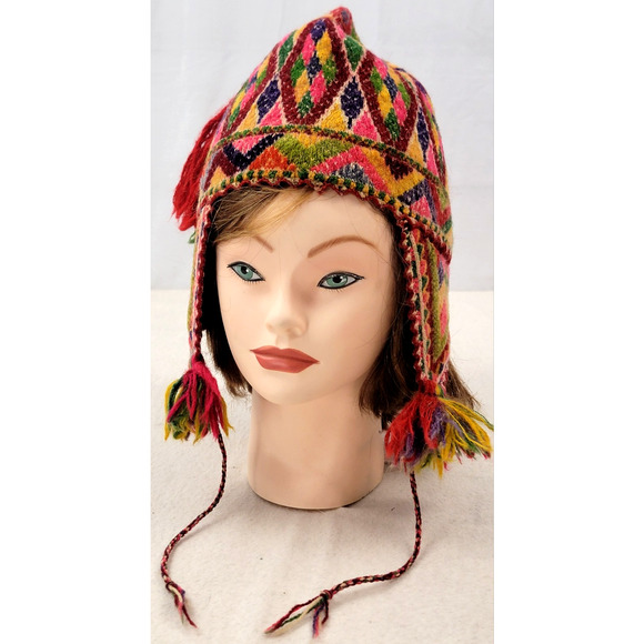 Vintage Handwoven Andean Wool Chullo Hat Earflaps & Tassels - Picture 2 of 12
